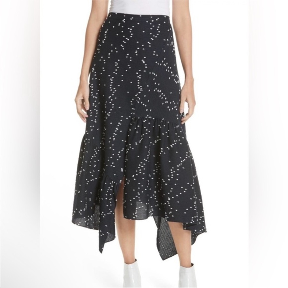 Women's 3.1 Phillip Lim Navy/White Polka Dot Asymmetrical Textured Midi Skirt 0